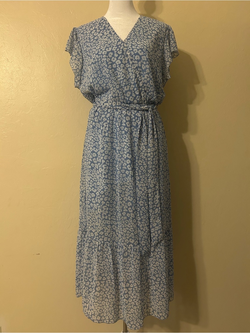 Blue Floral Maxi Dress with V-Neck and Self-Tie Waist